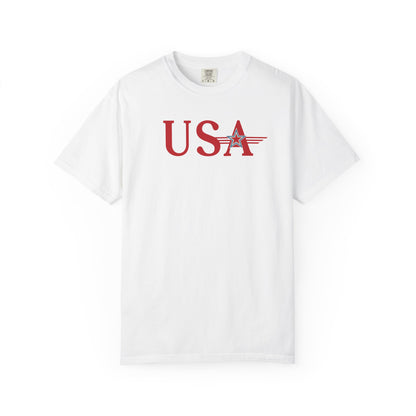 White t-shirt with 'USA' printed in red on a white background