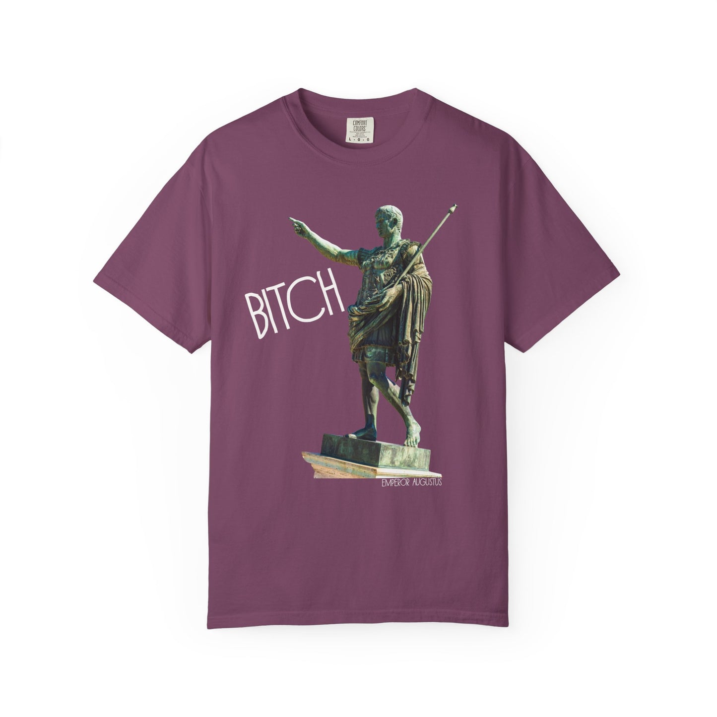 berry t-shirt with a graphic of a statue pointing and the word 'Bitch' on a white background