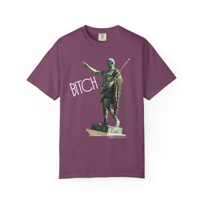 berry t-shirt with a graphic of a statue pointing and the word 'Bitch' on a white background