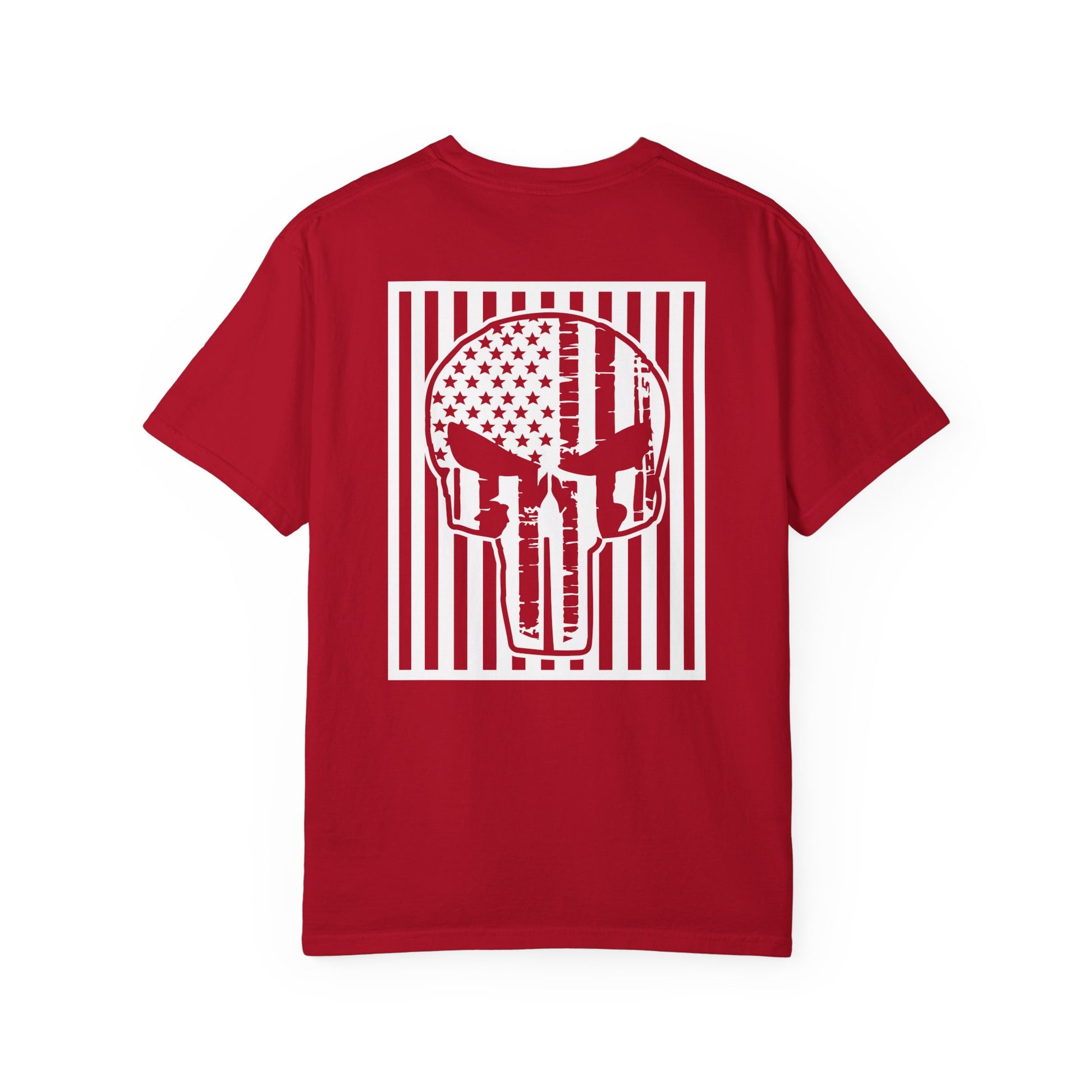 red t-shirt with white star and circle design on front, and Punisher skull design on back
