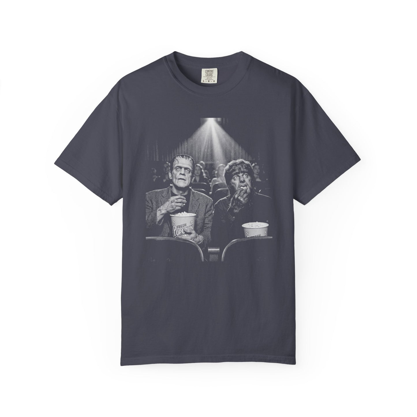 Frankenstein & Wolf Man Scary Movie Night T-Shirt in Navy — garment-dyed horror movie tee

