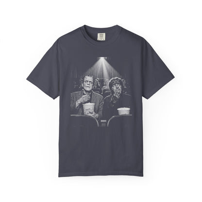Frankenstein & Wolf Man Scary Movie Night T-Shirt in Navy — garment-dyed horror movie tee
