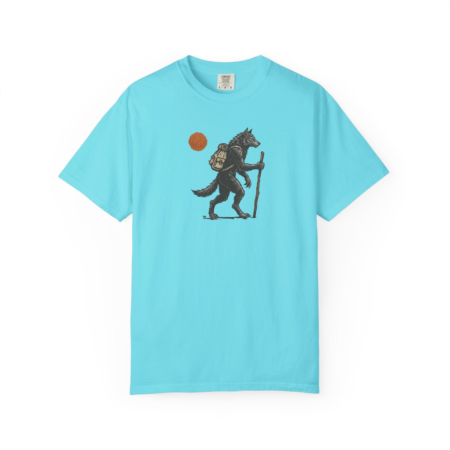 Hiking Wolf graphic t-shirt in Lagoon Blue — werewolf with backpack and walking stick print on garment-dyed heavyweight cotton tee.