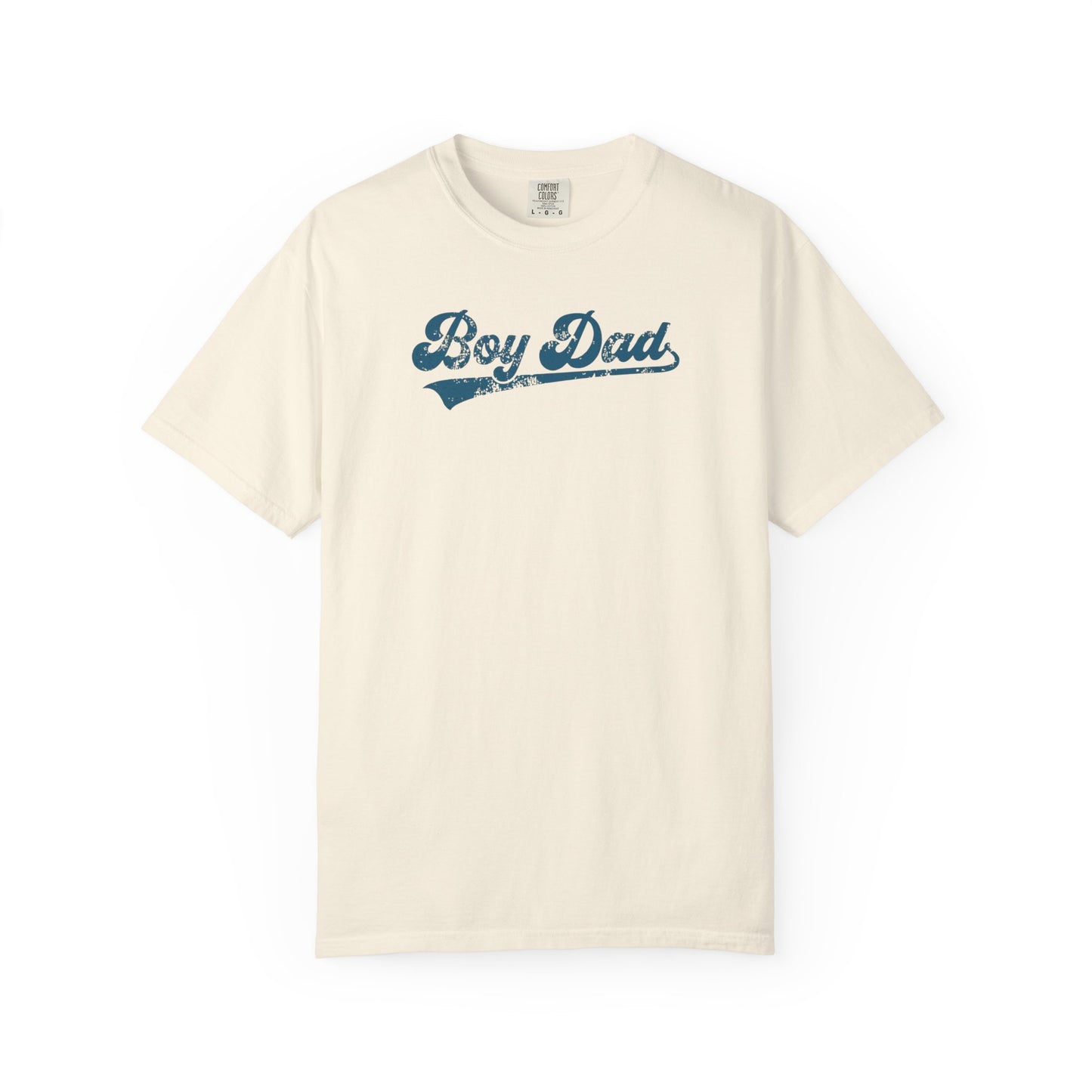 Ivory t-shirt with 'Boy Dad' text in blue on a white background