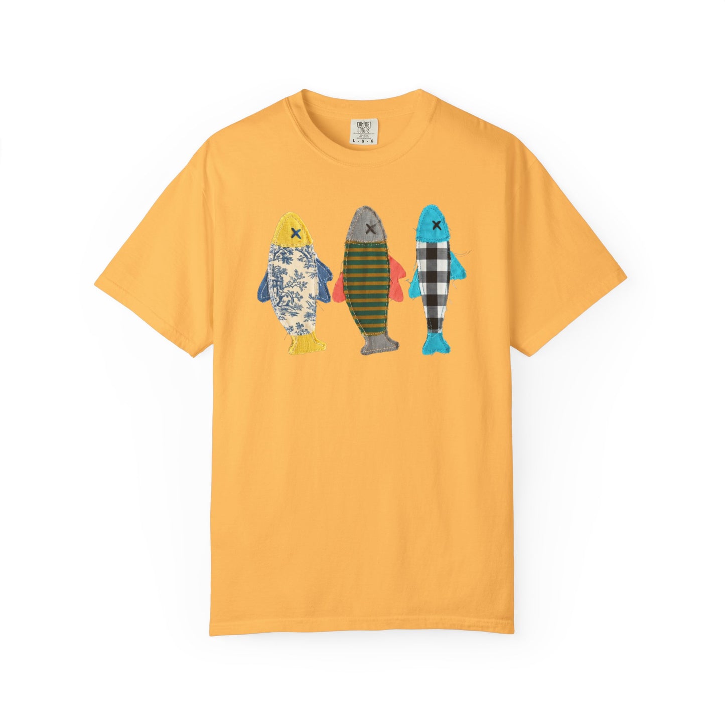 Faux patterned fish trio graphic tee in Citrus with three faux patterned fish on garment-dyed cotton — color variant