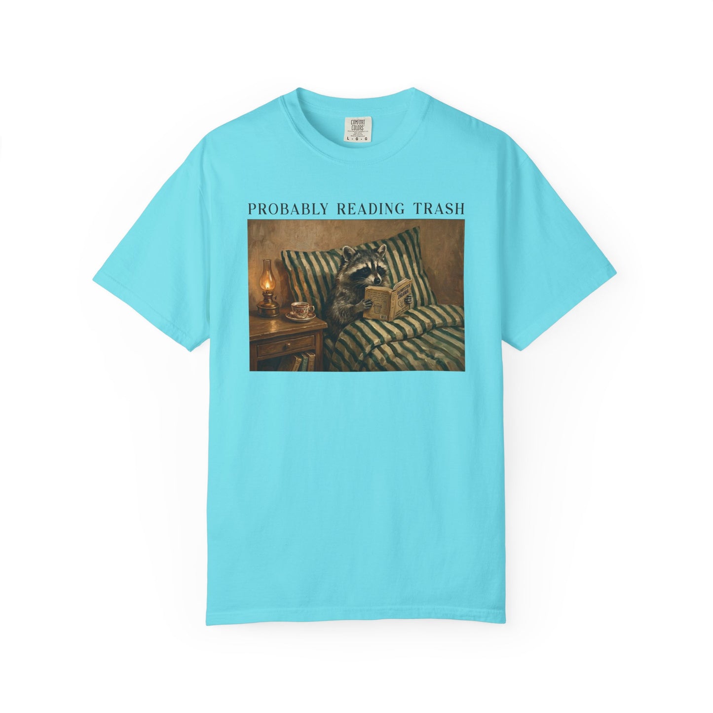 Raccoon Probably Reading Trash T-Shirt in Lagoon Blue – Funny Bookish Graphic Tee