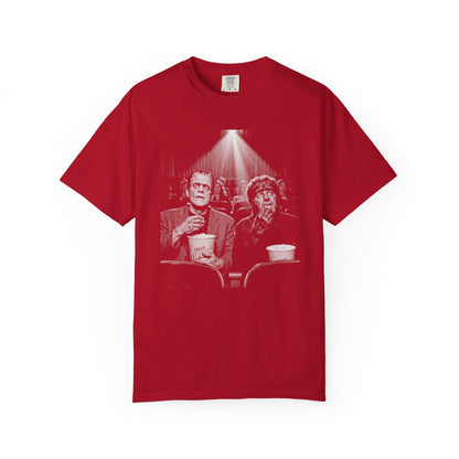 Frankenstein & Wolf Man Scary Movie Night T-Shirt in Red — garment-dyed horror movie tee

