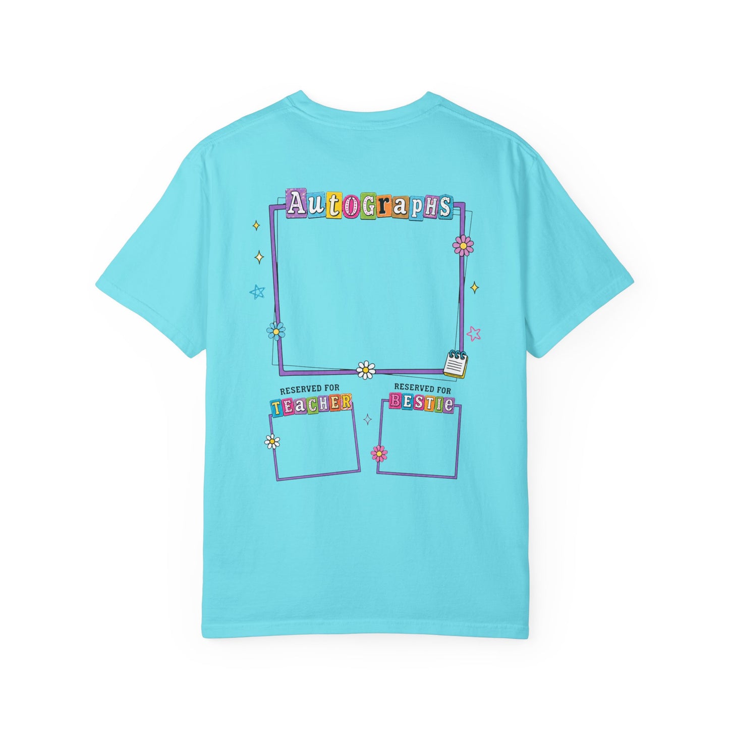 Lagoon blue t-shirt with colorful graphic design on the back against a white background
