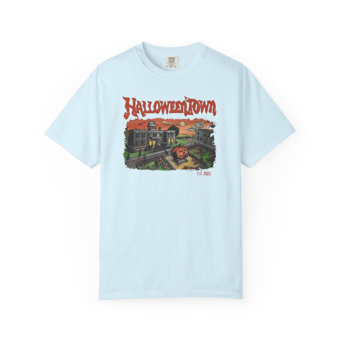 Halloweentown University T-Shirt in Chambray — retro spooky campus graphic tee, garment dyed