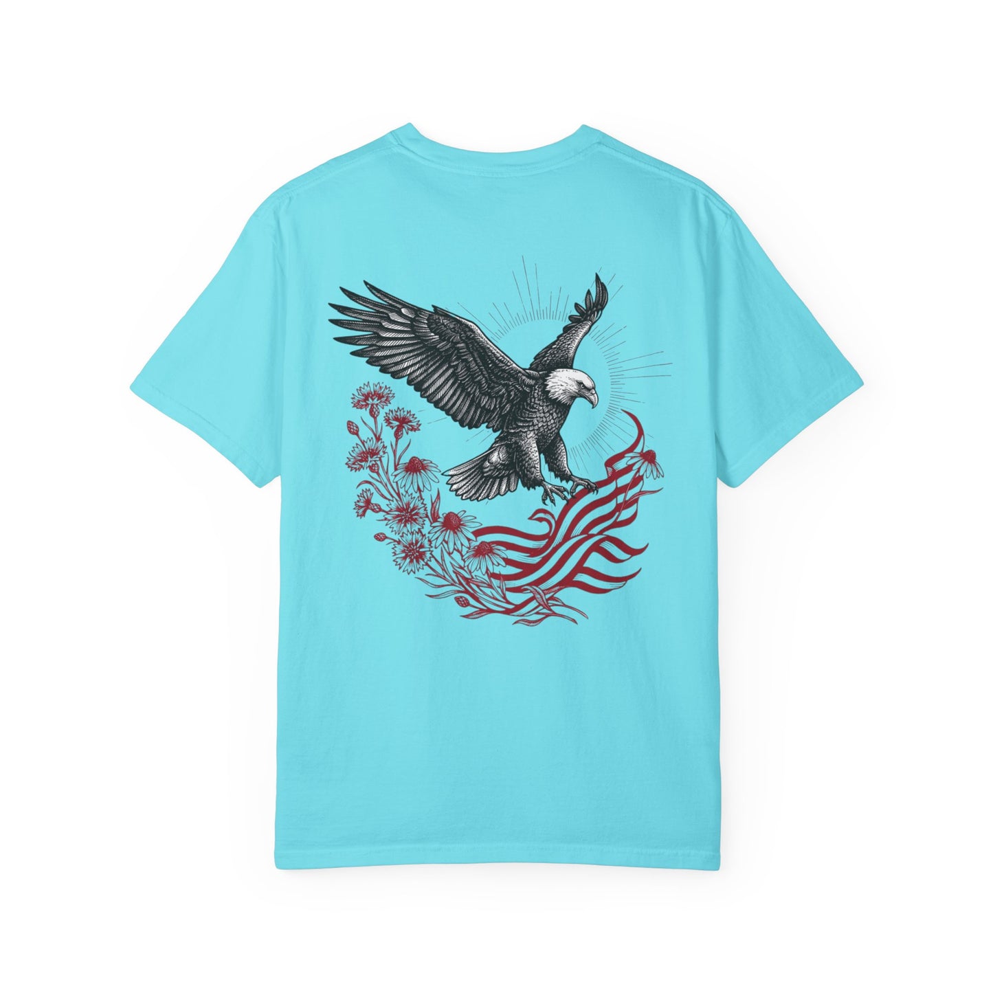 Lagoon blue t-shirt with an eagle and American flag design on a white background