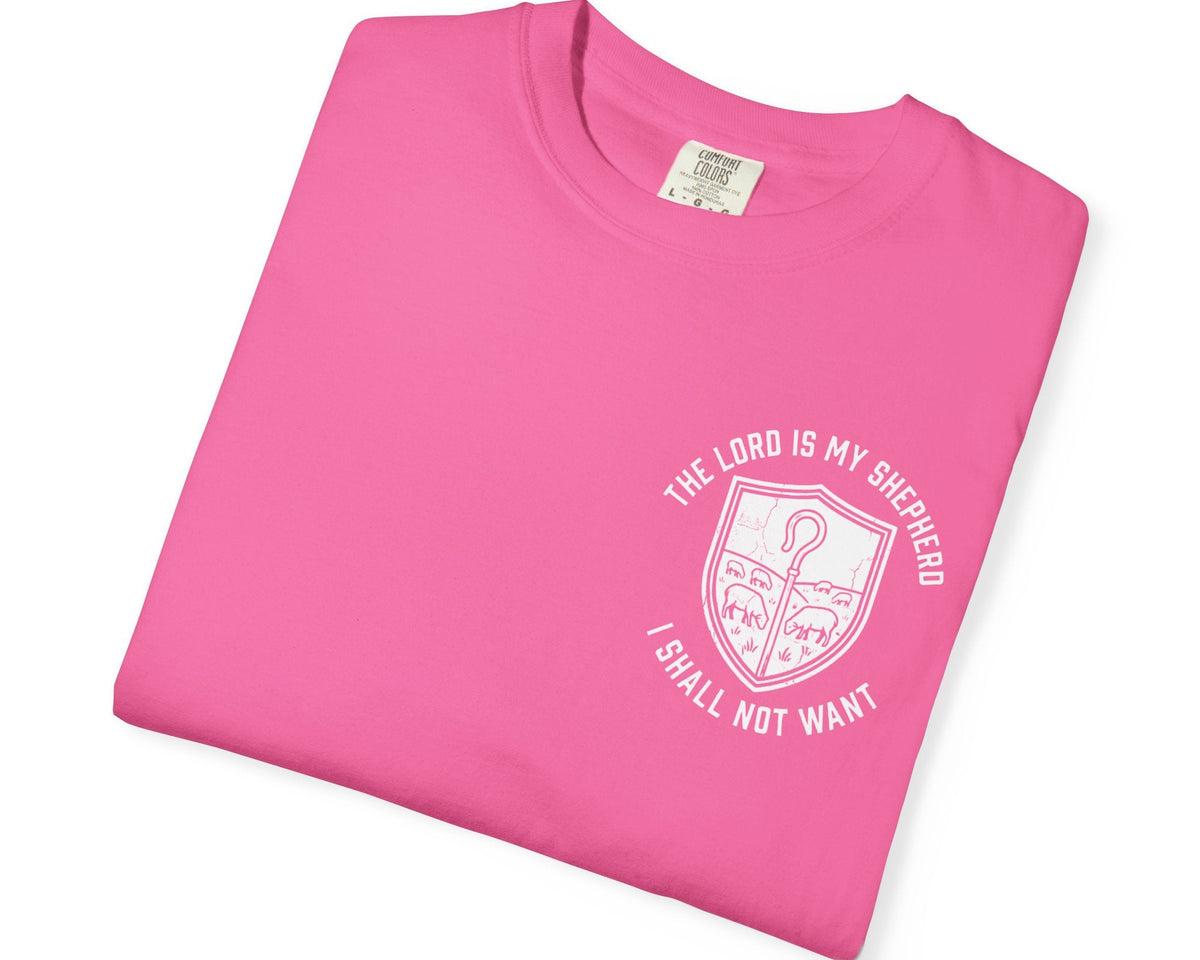 Neon Pink Psalm 23:1 faith shirt with shepherd graphic design and scripture text shown on model