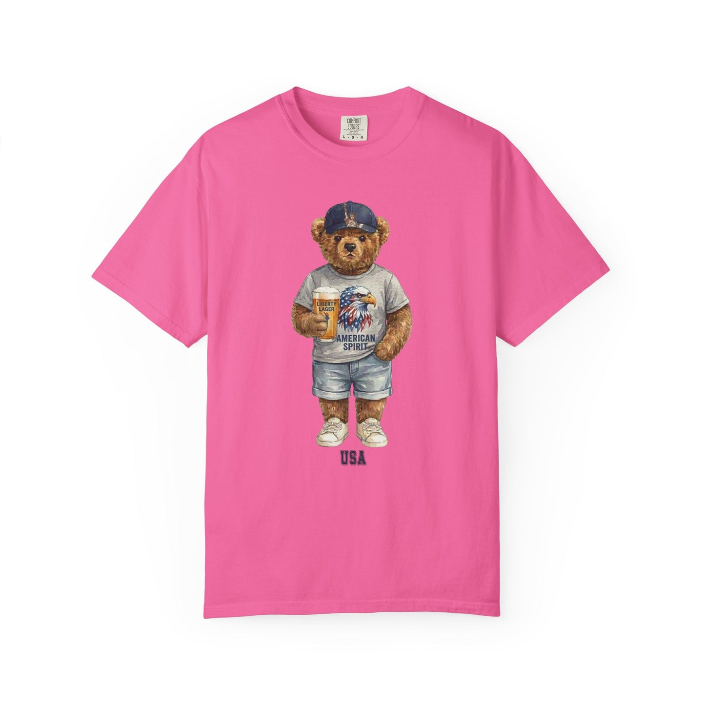 neon Pink t-shirt with a bear graphic wearing a cap and sunglasses on a white background