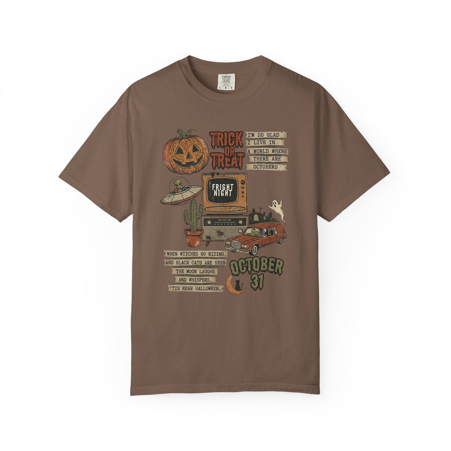 Halloween Retro Graphic T-Shirt in Espresso — vintage trick or treat collage tee, garment dyed