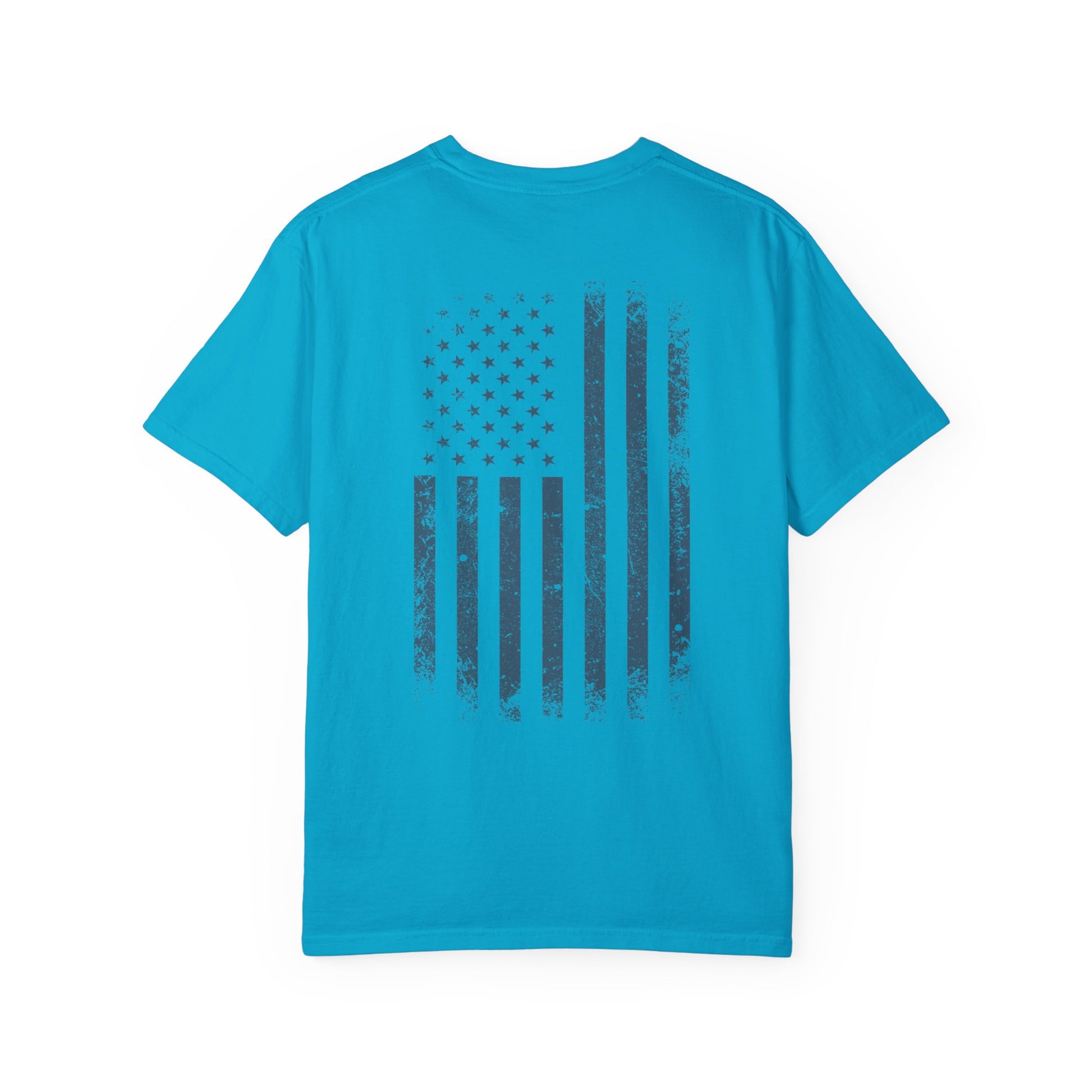 sapphire t-shirt with blue graphic design  of soldiers and a flag on front and back 