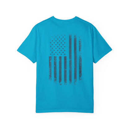sapphire t-shirt with blue graphic design  of soldiers and a flag on front and back 