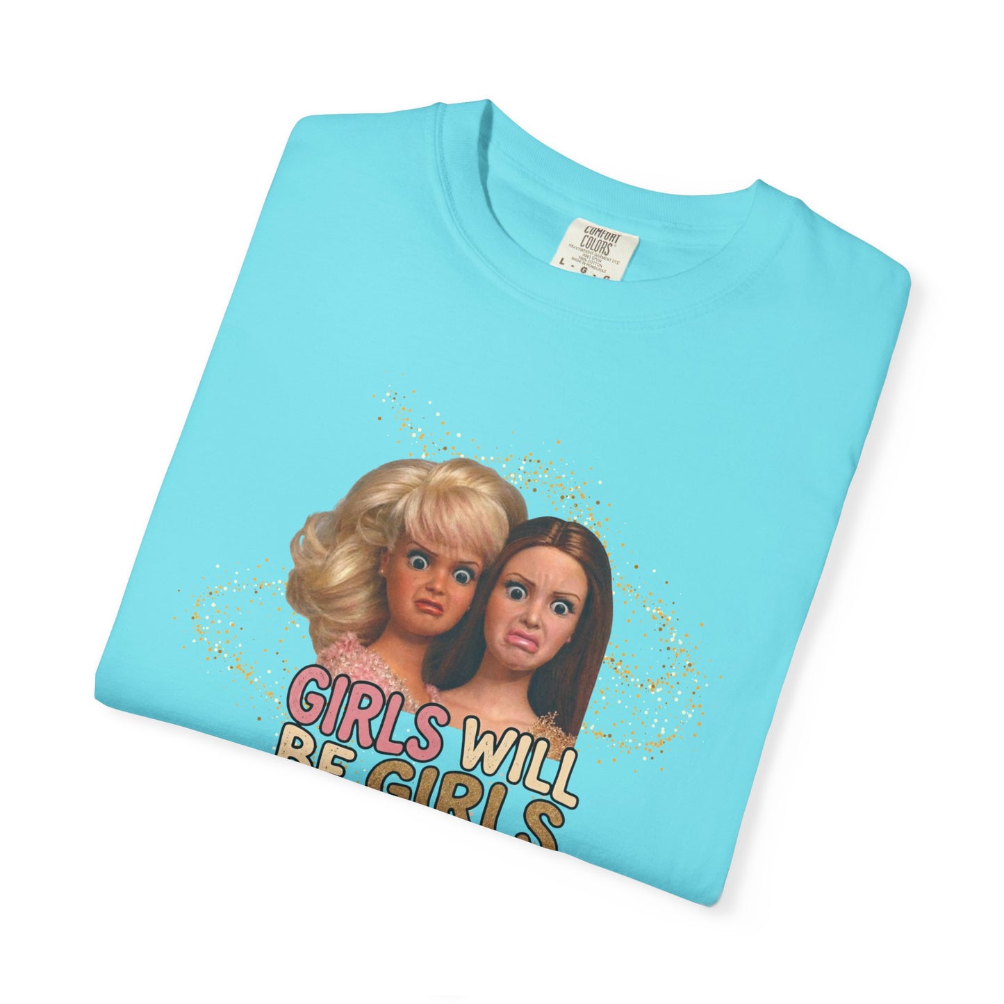 Girls Will Be Girls retro graphic t-shirt in Lagoon Blue — vintage doll print feminist tee