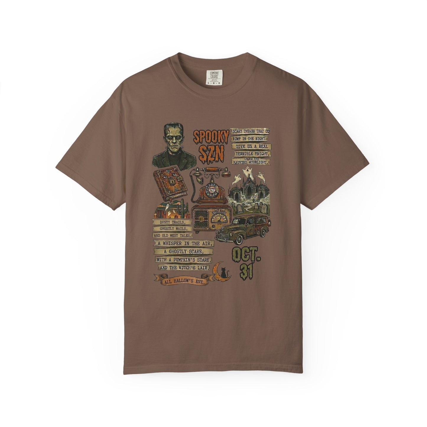 Spooky Season Graphic T-Shirt in Espresso — vintage Halloween haunted carnival tee, garment dyed