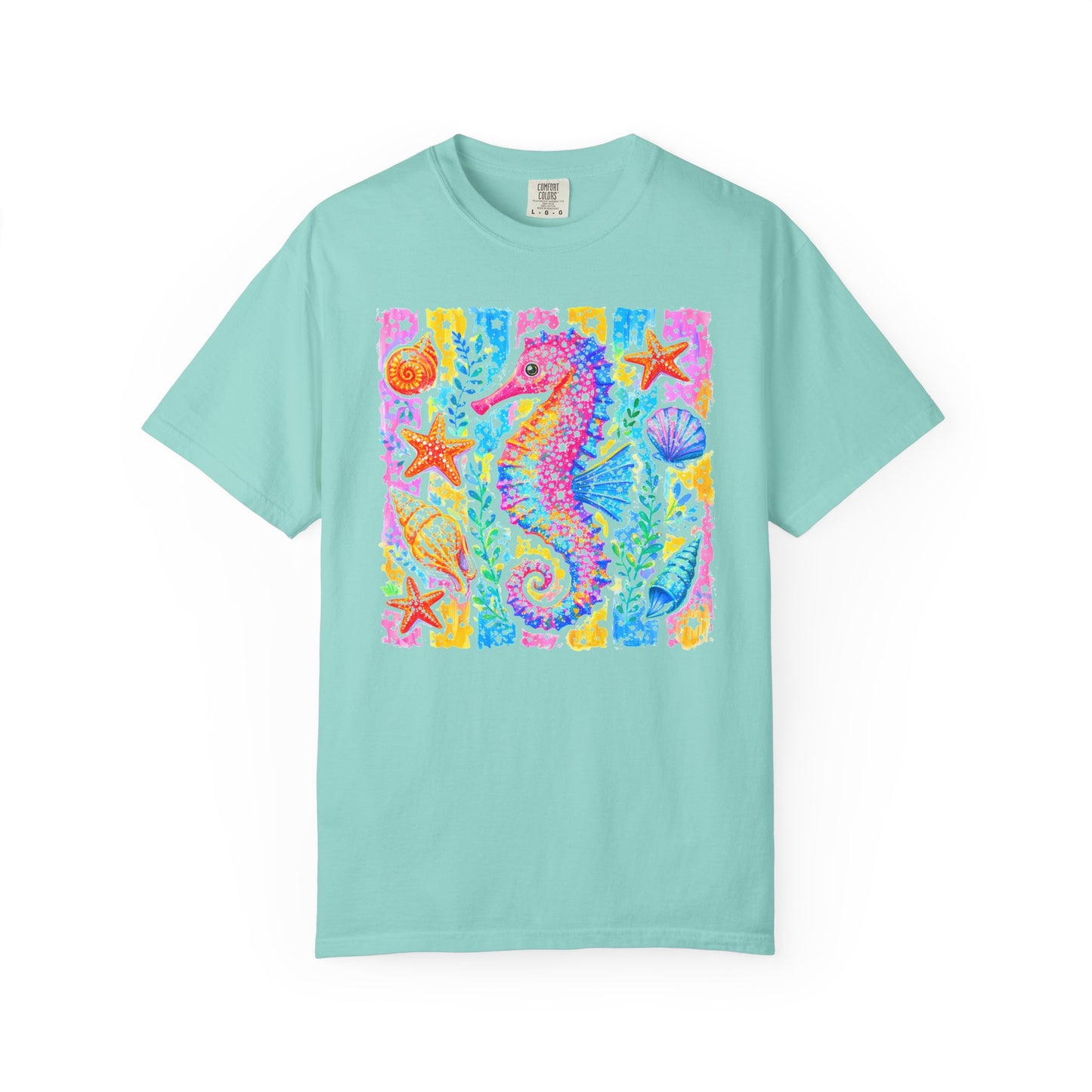 Seahorse Beach Art T-Shirt in Chalky Mint — watercolor seahorse with shells and starfish graphic, garment-dyed comfort colors tee
