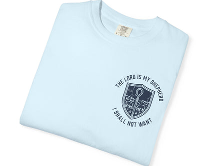 Chambray Psalm 23:1 faith shirt with shepherd graphic design and scripture text shown on model