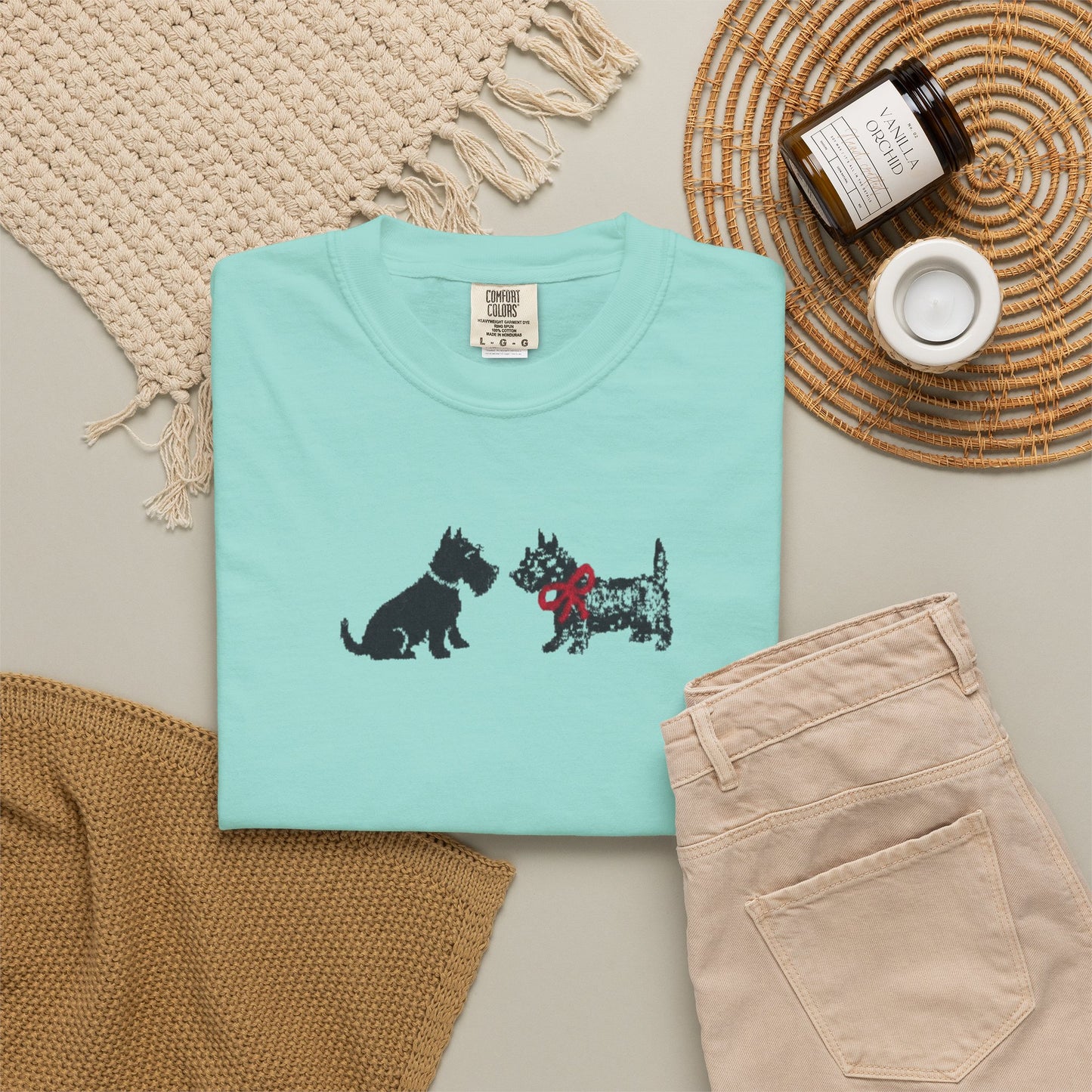 Scottie Dog Friends T-Shirt in Chalky Mint — Comfort Colors garment-dyed tee with cute Scottish Terrier graphic, unisex relaxed fit
