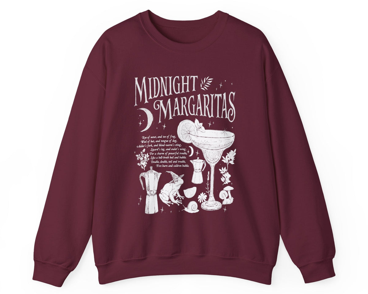 Midnight Margaritas crewneck sweatshirt in Maroon — front cocktail graphic and occult cottagecore symbols on back, including COEXIST