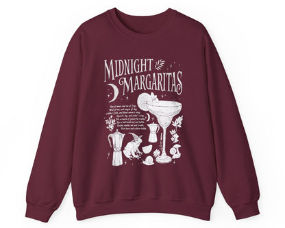 Midnight Margaritas crewneck sweatshirt in Maroon — front cocktail graphic and occult cottagecore symbols on back, including COEXIST