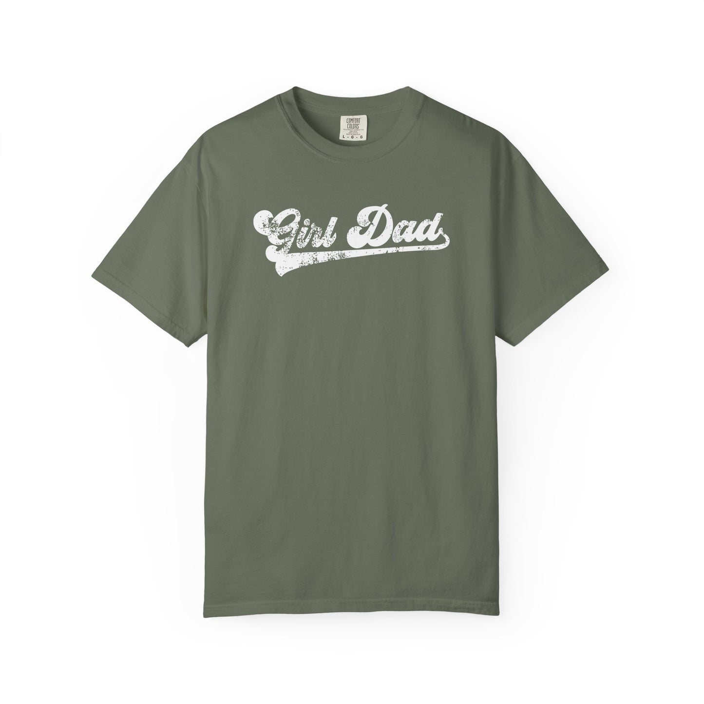 moss t-shirt with overlanding girl dad text on a white background