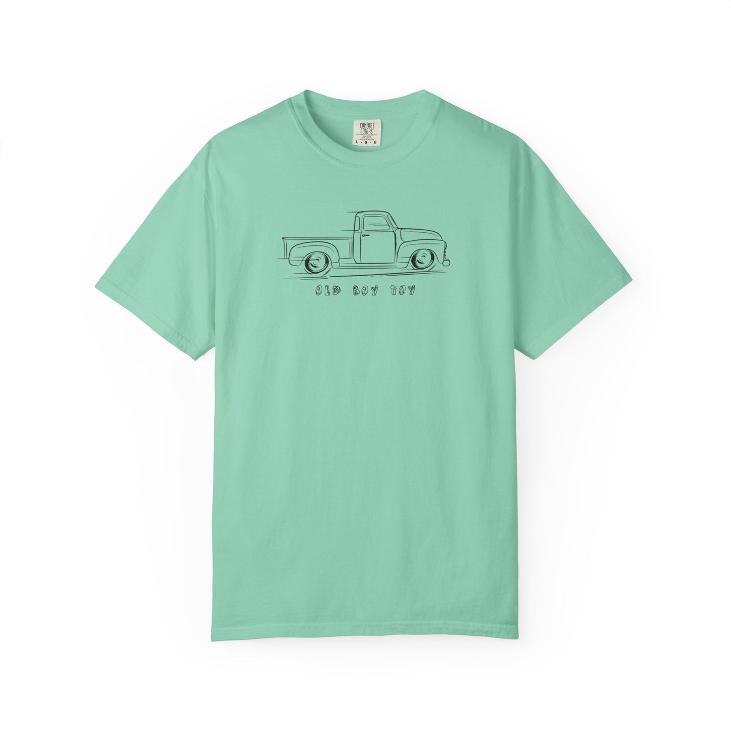 island reef t-shirt with graphic of a vintage truck text  says old boy toy on a white background