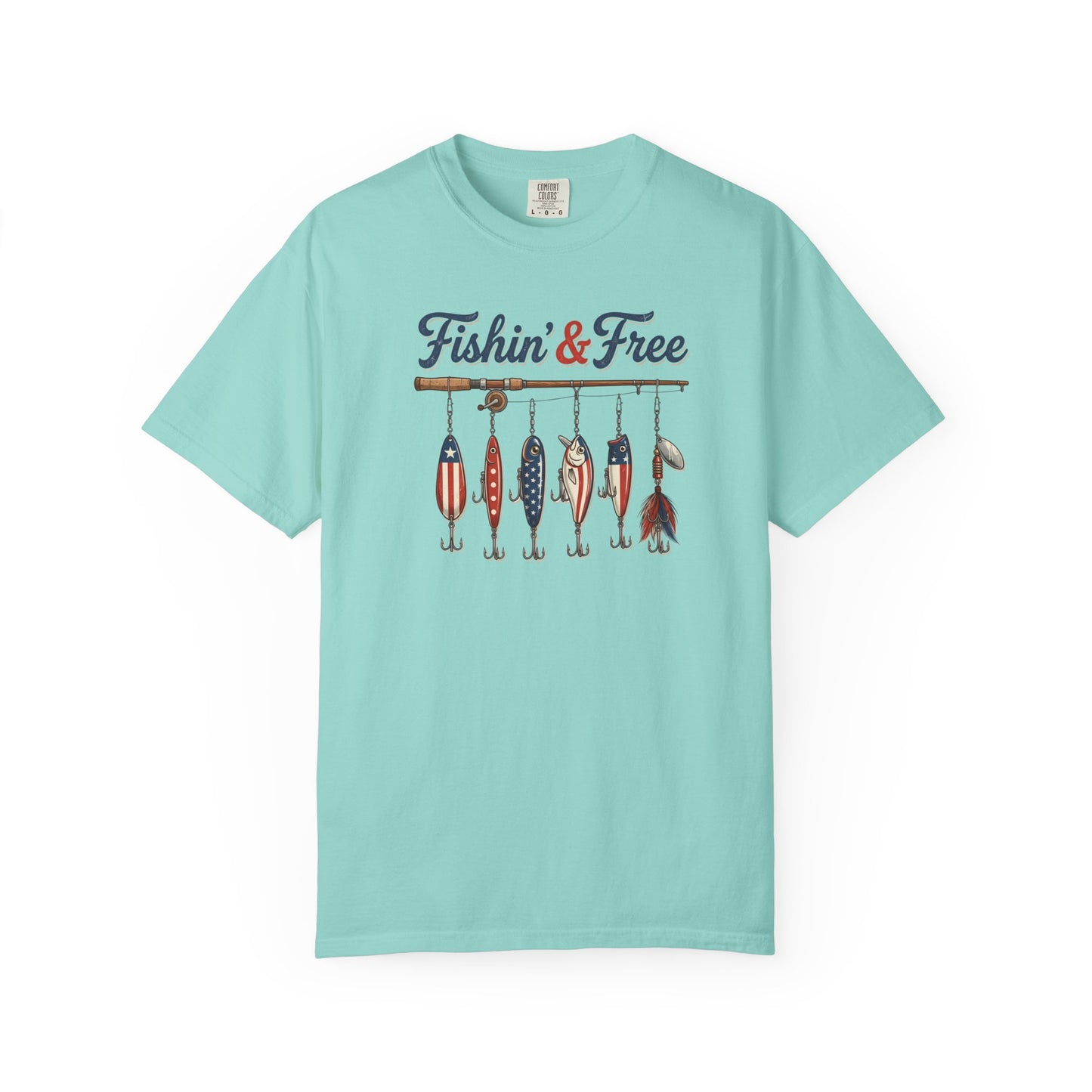 Chalky Mint t-shirt with fishing-themed design on a white background