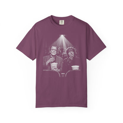 Frankenstein & Wolf Man Scary Movie Night T-Shirt in Berry — garment-dyed horror movie tee
