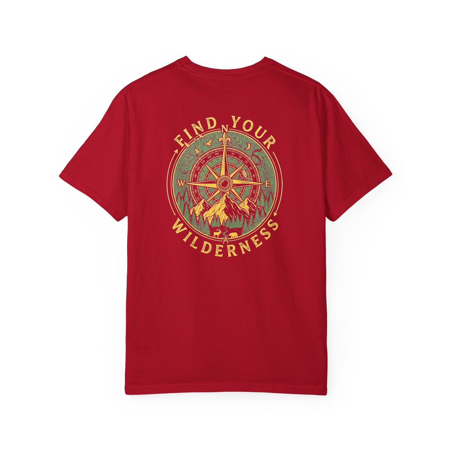 Red t-shirt with compass design and 'Find Your Wilderness' text on a white background