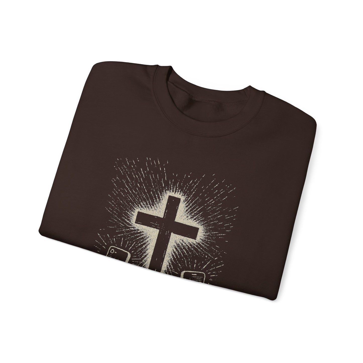 Person wearing a chocolate sweatshirt with a graphic design of hands holding smartphones with crosses on the screens.


