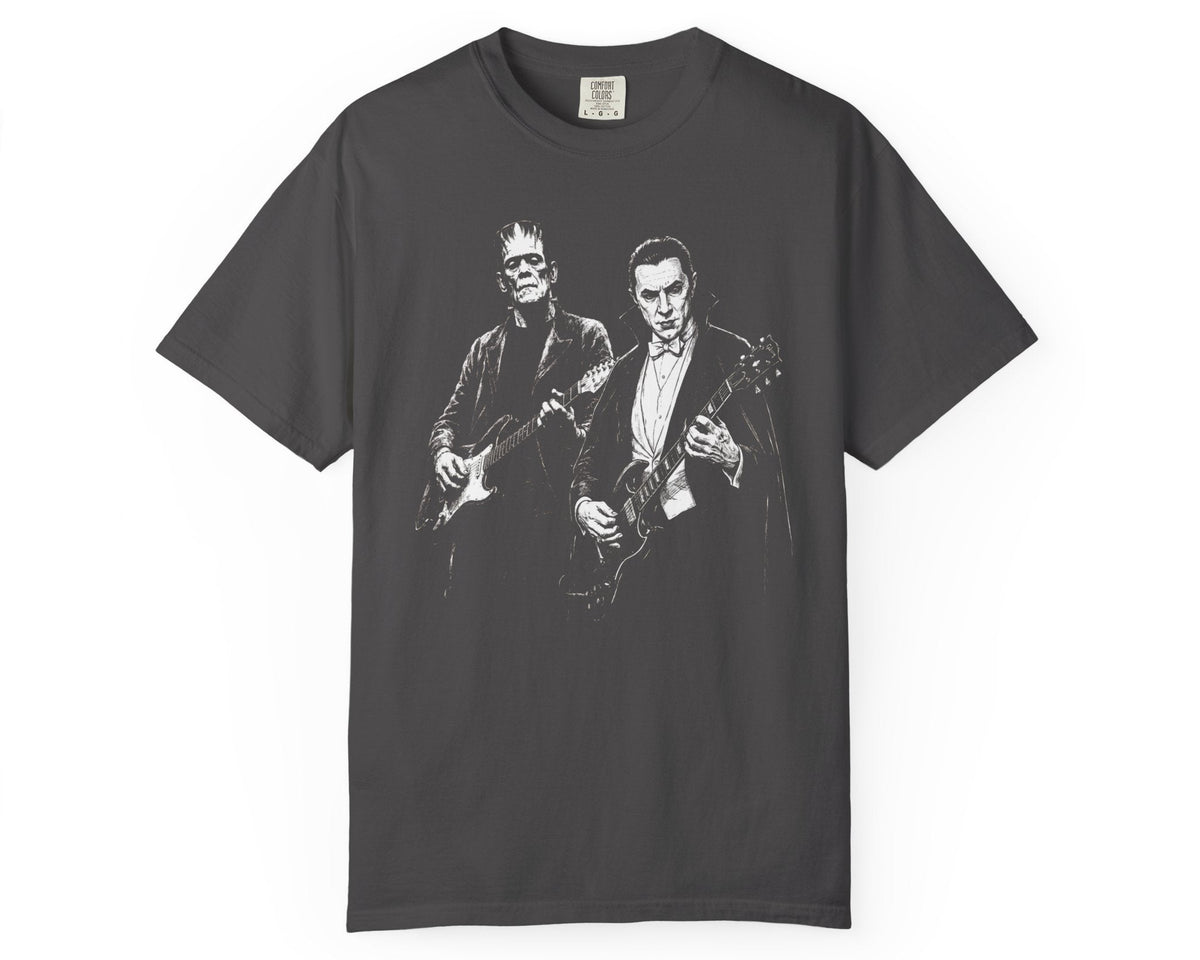 Graphite garment-dyed Frankenstein and Dracula guitar tee with retro Halloween rock band graphic 