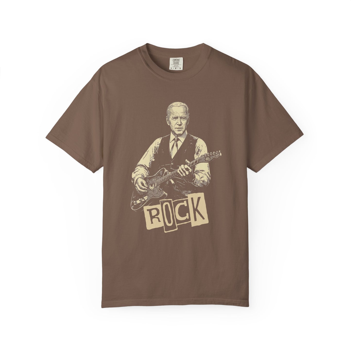 an espresso t-shirt with a graphic of a president Biden playing guitar and the word 'ROCK'.