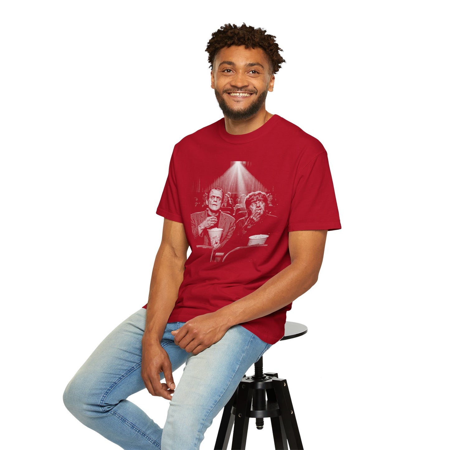 Frankenstein & Wolf Man Scary Movie Night T-Shirt in Red — garment-dyed horror movie tee
