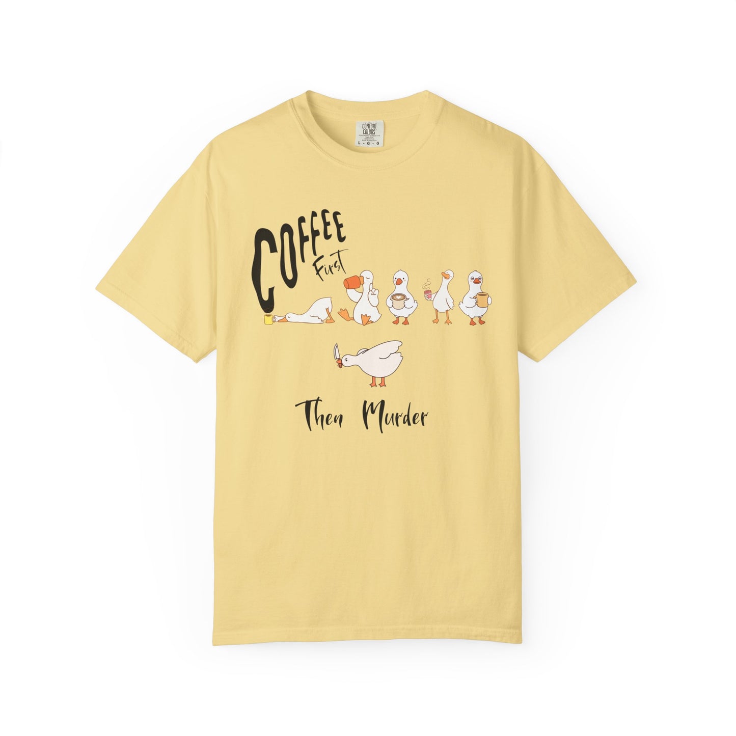 Silly Goose Coffee First t-shirt in Butter — garment-dyed heavyweight cotton tee
