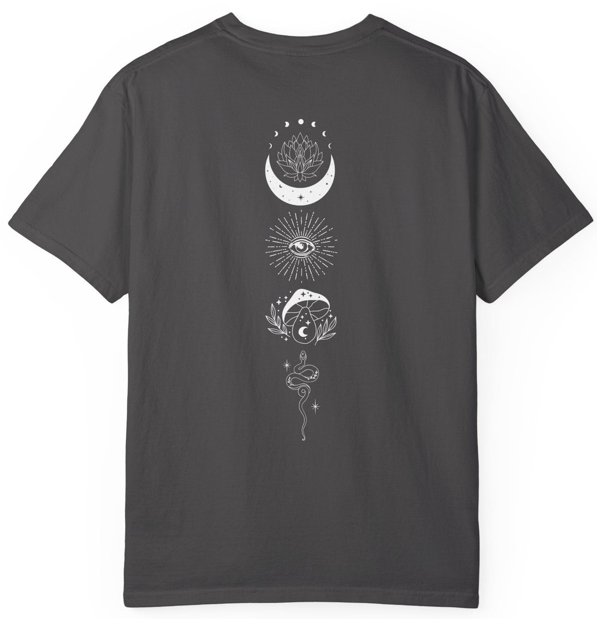 Girls Will Be Girls witch graphic tee in Graphite — coven of witches around a campfire with crescent moon, feminist occult design front and back design 