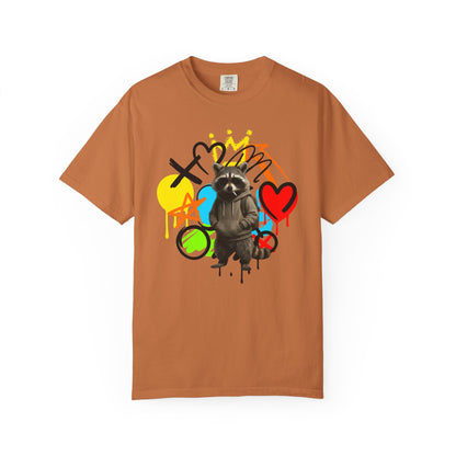 Graffiti Raccoon T-Shirt — Street Art Graphic Tee with Heart & Crown