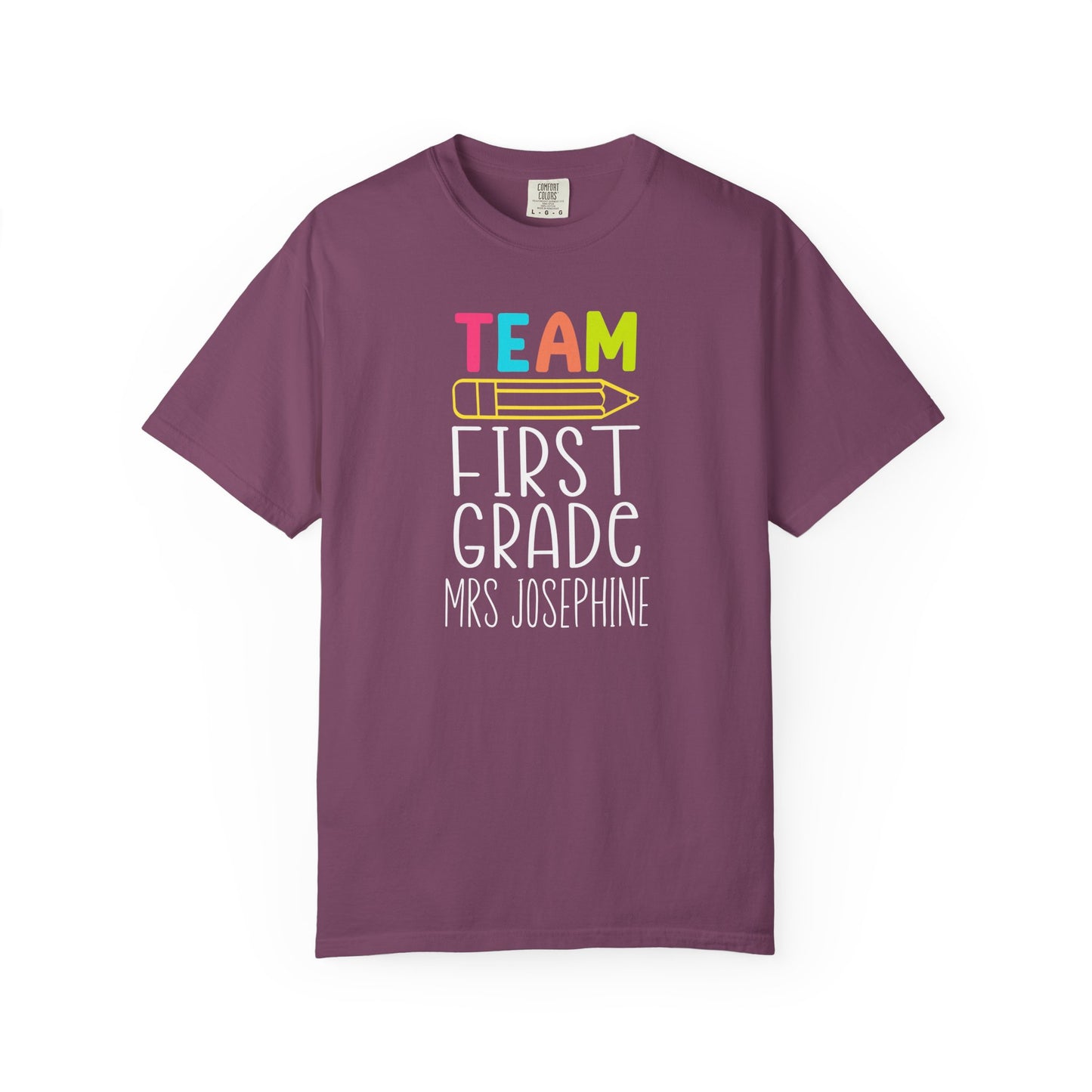 Berry t-shirt with 'Team First Grade Mrs Josephine' text on a white background