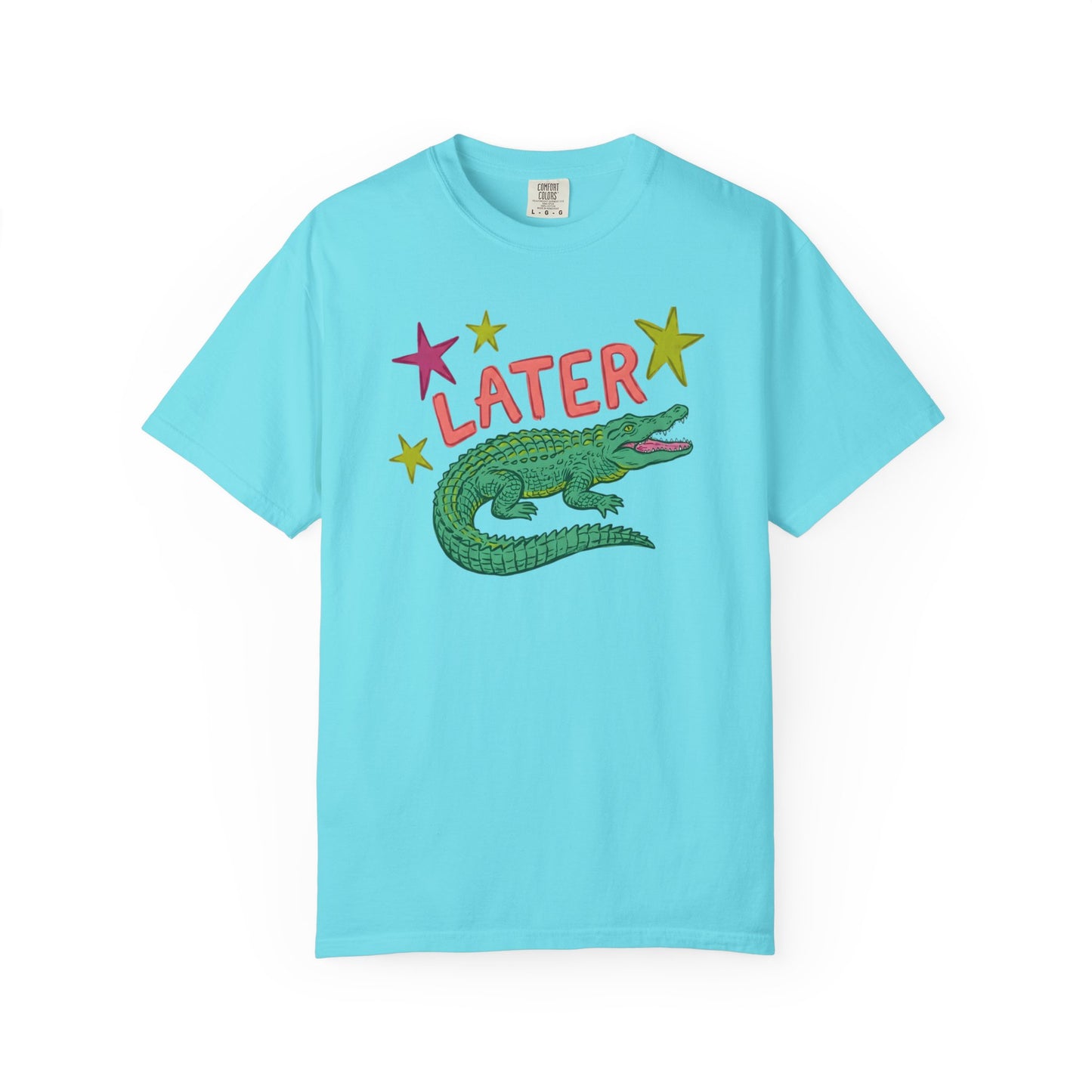 chalky mint t-shirts with alligator graphics on front "later gator" and the text on back i"n a while crocodile"a plain background