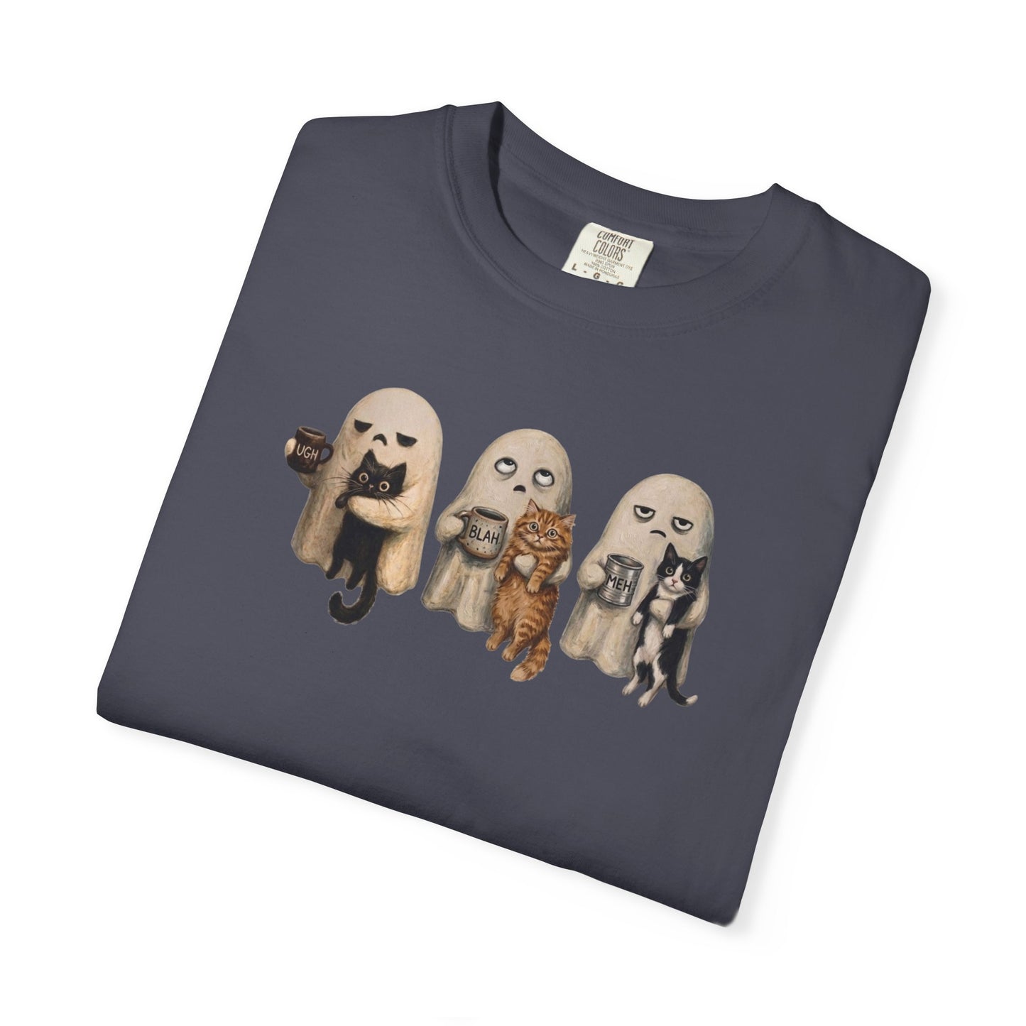 Folded Navy Ghost Cat graphic tee showing three grumpy ghosts holding cats and UGH BLAH MEH coffee mugs — funny Halloween cat shirt