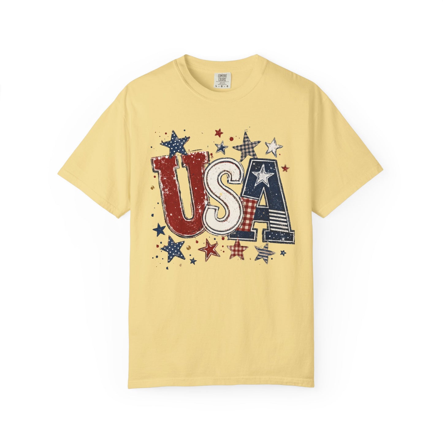 USA Patriotic graphic t-shirt in butter — garment-dyed unisex tee with distressed stars and stripes

