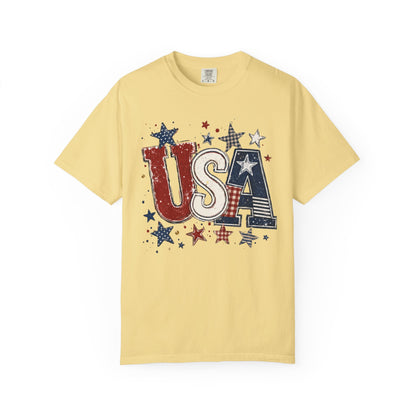 USA Patriotic graphic t-shirt in butter — garment-dyed unisex tee with distressed stars and stripes

