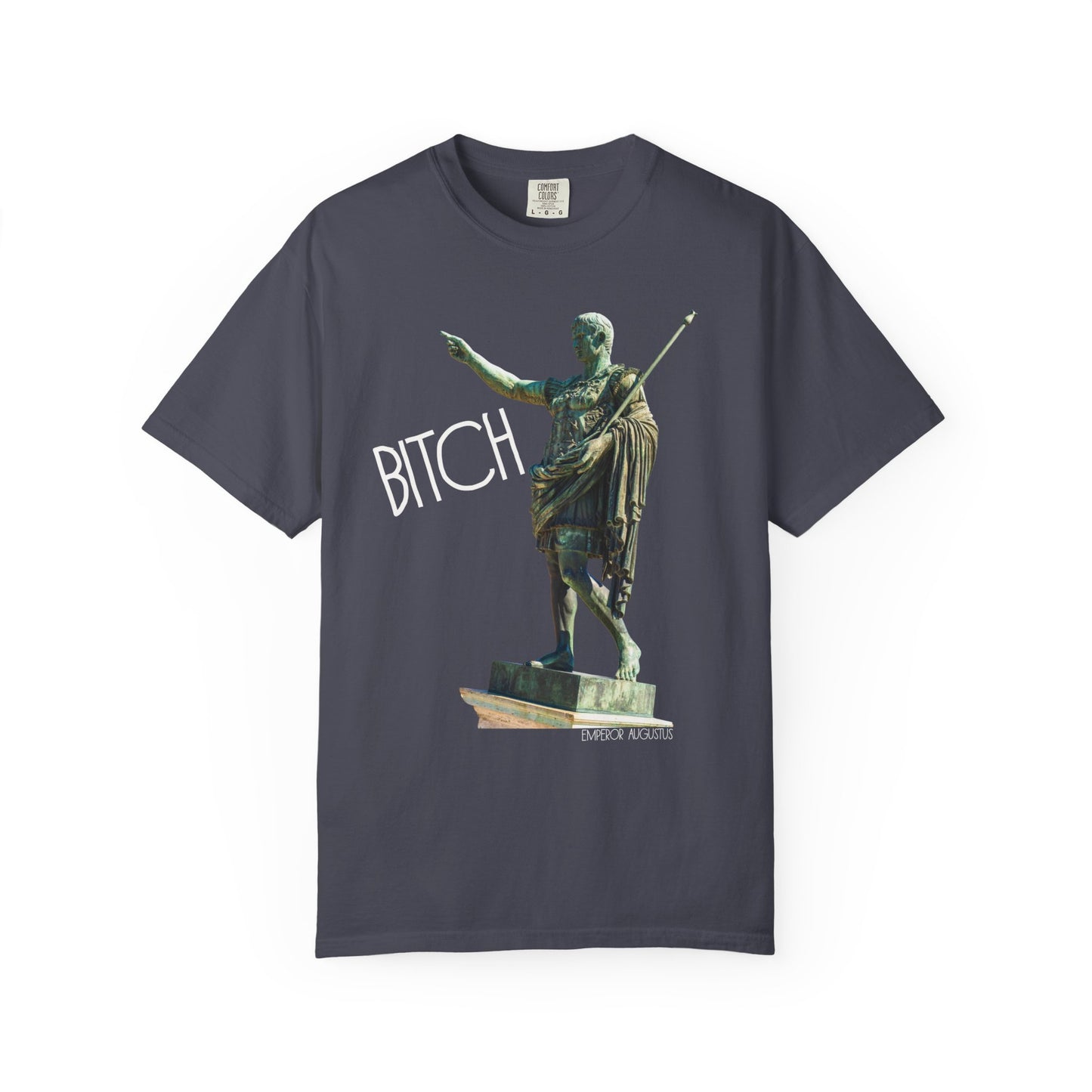 navy t-shirt with a graphic of a statue pointing and the word 'Bitch' on a white background