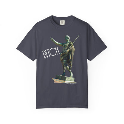 navy t-shirt with a graphic of a statue pointing and the word 'Bitch' on a white background