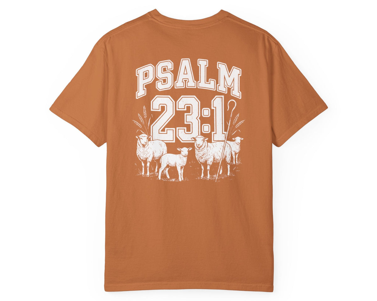 Yam Psalm 23:1 faith shirt with shepherd graphic design and scripture text shown on model