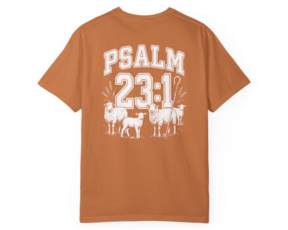 Yam Psalm 23:1 faith shirt with shepherd graphic design and scripture text shown on model