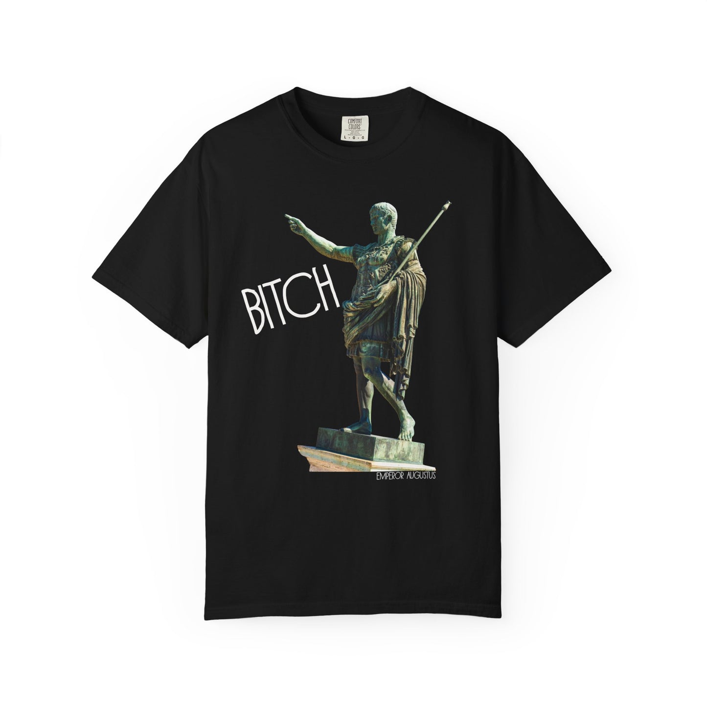 black t-shirt with a graphic of a statue pointing and the word 'Bitch' on a white background