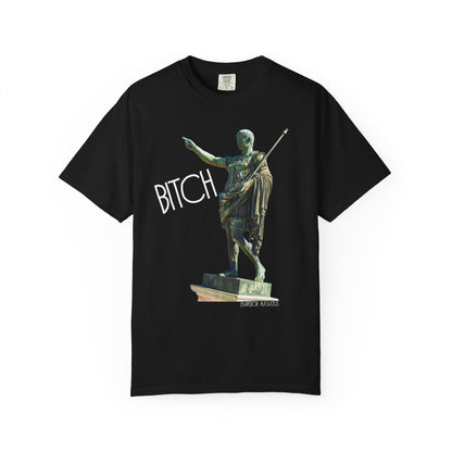 black t-shirt with a graphic of a statue pointing and the word 'Bitch' on a white background
