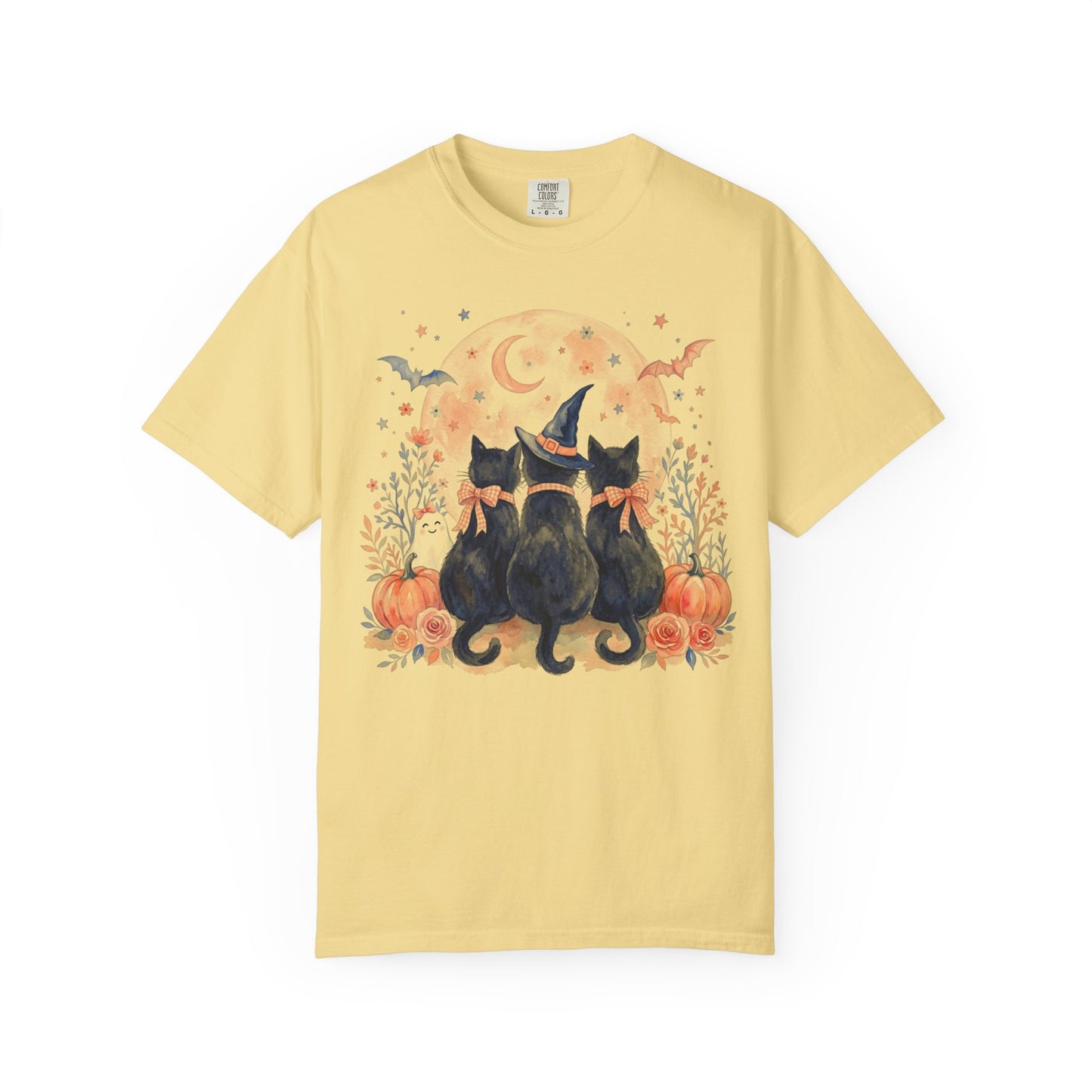 Witchy Black Cats Pumpkin Tee in Butter— watercolor Halloween cat shirt with witch hat, blush moon, pumpkins & roses